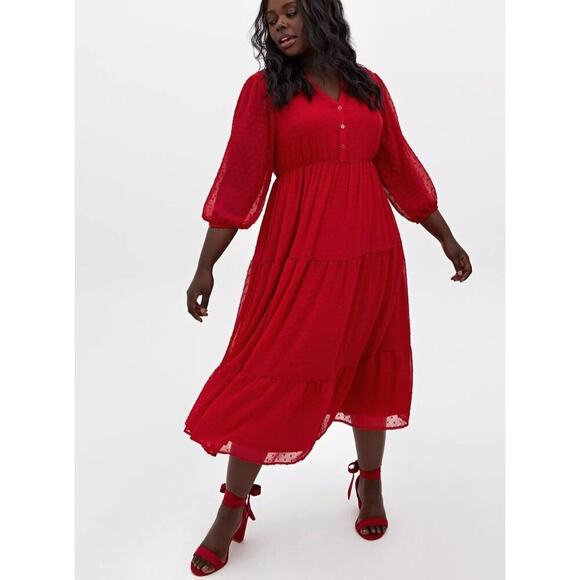 Torrid Maxi Tiered Dress Size 3(3X) Polka Dots Red 3/4 Sleeve Loose Flowy - Picture 1 of 13